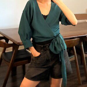 Dark Teal J.O.A Cropped Wrap Tie Top